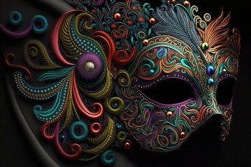 Fantasy Elaborately embroidered carnival festive fabrics with carnival mask, generative ai.