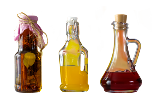 three decorative bottles of different shapes,spices and colored drinks,isolated,culinary background,png - Powered by Adobe