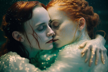 Obraz premium Gorgeous redhead woman and woman hugging and kissing alluringly, frisky, flirtatious in the pool,generative ai.