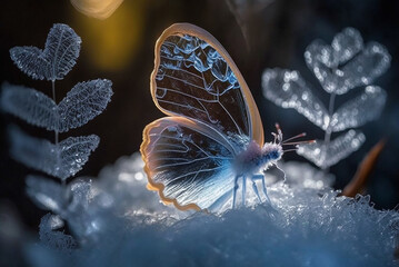 Fototapeta na wymiar In ice and snow A close up of light blue ice butterfly falls in the snow Around the trees,generative ai.