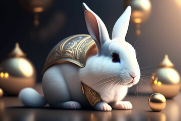 Cute rabbit sitting on green field spring meadow / Easter bunny hunt for festival on grass AI GENRATED