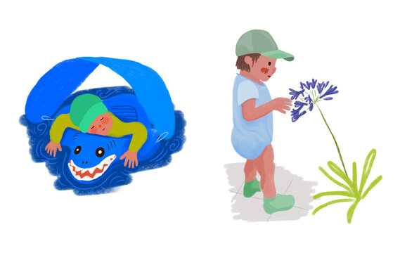 Ilustraci&oacute;n de beb&eacute; descubriendo el mundo. Realizando actividades como dormir en la alberca y admirar una flor.