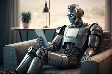 Robot humanoid use mobile phone or tablet in future,  generative ai