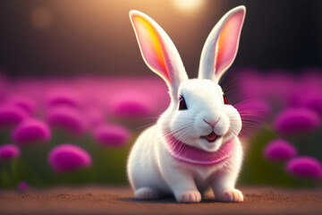 Cute rabbit sitting on green field spring meadow / Easter bunny hunt for festival on grass AI GENRATED