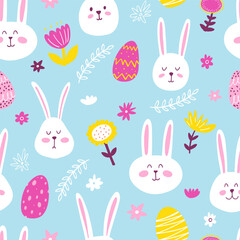 Seamless pattern with cute hand drawn bunnies and flower meadow. Vector Easter kids background with rabbits, plants and eggs for wrapping paper, textile, card, banner, wallpaper