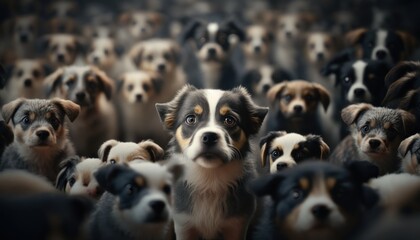A bunch of dogs looking in one directions, cinematograifc, puppies, GENERATIVE AI