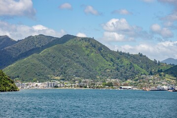 Fototapeta na wymiar View of Picton town from the Interislander ferry in New Zealand.
