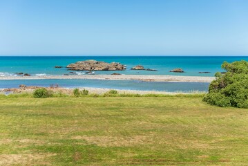 Beautiful view of a green field near the sea in Blenheim, New Zealand