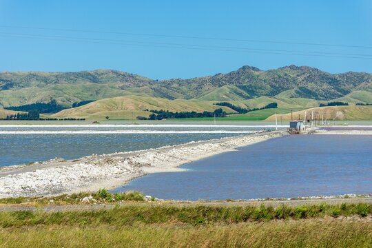 Evaporation ponds at Lake Grassmere in Marlborough, New Zealand
