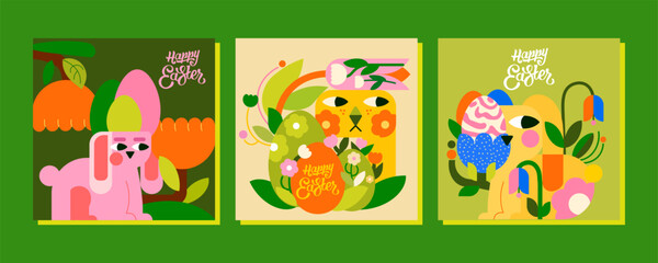 3 modern templates for a happy Easter day. Bunnies, Easter eggs, flowers. The design is filled with spring, holiday and the coming warmth.
