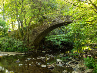 Dob Park pack horse bridge, and ancient crossing over the river Washburn in North Yorkshire. It is...