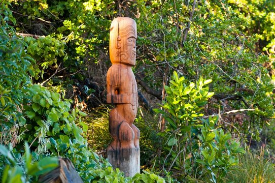 Timber carving of Kupe at Titahi Bayin Porirua City near Wellington, New Zealand