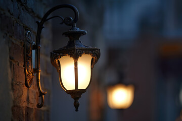 Old street lantern lighting on facade of building. Twilight on city street, building illumination....