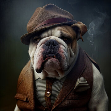 Cooler grimmiger Hund, Portrait, Hund mit Anzug, Pokerface, dunkles Gasthaus, Hund in der Bar, Rauch