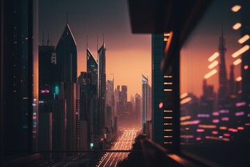 Naklejka na ściany i meble Captivating City Skyline at Night - AI-generated Insights on Urban Landscapes and Nightlife