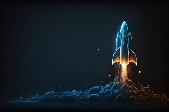 Rakete mit Platzhalter und Hintergrund blau / schwarz grau - Generative AI