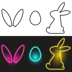 Neon Easter symbols, rabbit ears and egg, isolated outline icons, vector illustration.