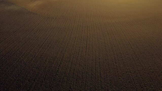 Landscape of plowed up land on an agricultural field on a sunny autumn day. Flying over the plowed earth with black soil. Agrarian background. Black soil. Ground earth dirt priming aerial drone view.