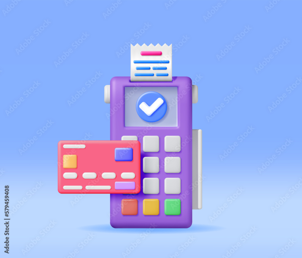 Poster 3d payment terminal with card and receipt isolated. render modern pos bank payment device. payment n