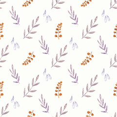 Delicate twigs and leaves on a white background. Watercolor illustration. Lilac shades. Seamless pattern for any purpose.