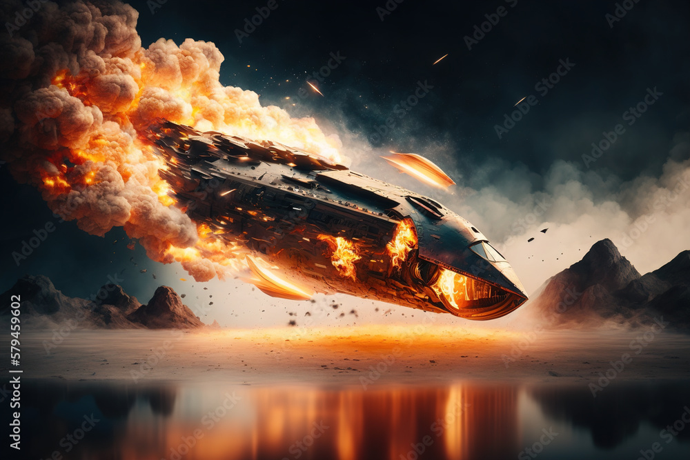 Wall mural spectacular spaceship crash, flaming rocket falls into the water. generative ai