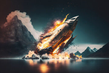 Fototapeta na wymiar Spectacular spaceship crash, flaming rocket falls into the water. Generative ai