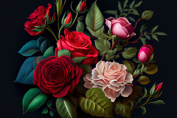 Bunch of amazing fresh roses in the left side and other side is matching background. Generative Ai