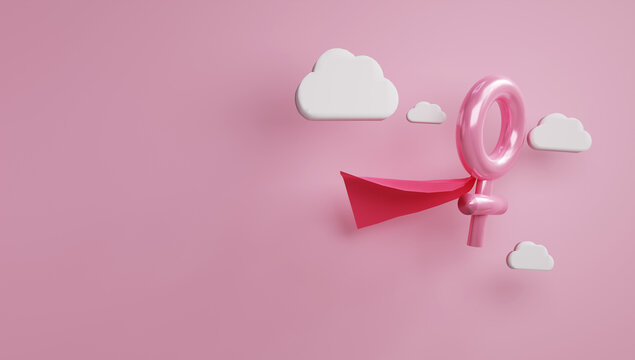 Creative 3D rendering of women symbol flying with superhero cape among fluffy clouds. Theme of female struggle and activism. Stylish pink background. Image for wallpaper, presentations, banners.