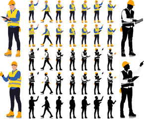 Construction worker poses wearing helmet and vest. Different color options. Worker silhouette set. Hand-drawn vector illustration isolated on white. Full length view 