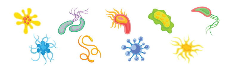 Bacteria and Germs Colorful Microorganisms and Disease Causing Microbe Vector Set
