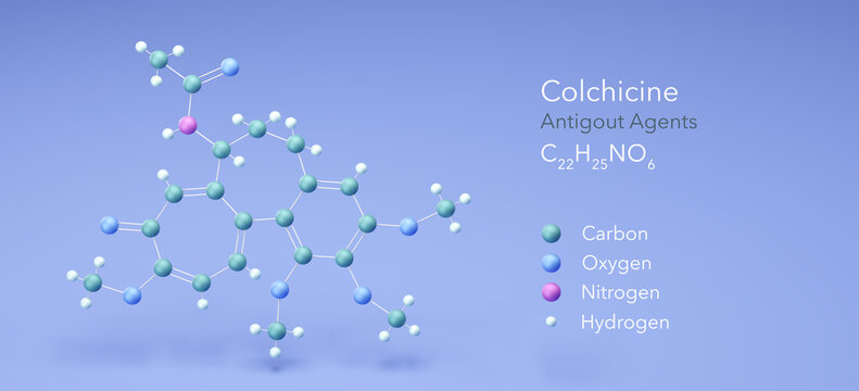 colchicine molecule, molecular structures, antigout agents, 3d model, Structural Chemical Formula and Atoms with Color Coding