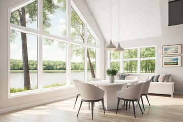 Elegant Dining Room with Plush White Table, Modern Chairs, and Tranquil Lake View - Create Your Perfect Haven with AI-generated Inspiration