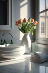 Modern and minimalist bathroom with a vase of spring tulips. Generative AI