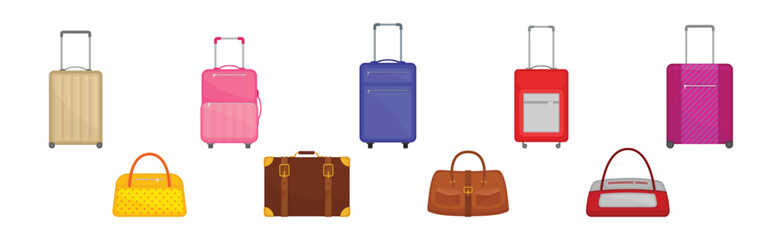 Travel Suitcase with Trunk and Handbag as Packed Luggage for Traveling Vector Set