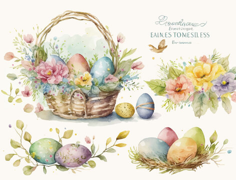 Seamless Watercolor Border With Easter Eggs And Baskets Vector
