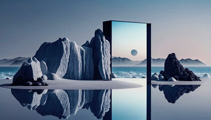 3D Panoramic Seascape Wallpaper with Abstract Minimalist Design Futuristic Zen | AI Generated
