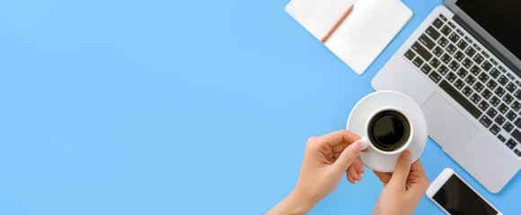 Business concept, relaxation in working time, drinking coffee taking a break on clean light blue office table, copy space, flat lay, top view, mockup