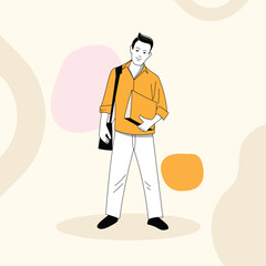 A middle-class businessman vector character illustration with a bag on his shoulder stands in front of a colorful background.
