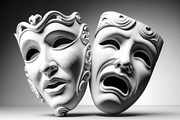 Theater masks, both comedic and tragic, made of white fabric. Generative AI. - obrazy, fototapety, plakaty