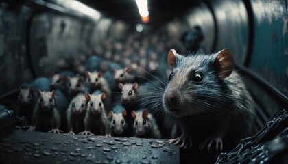 rat plague, lot of rats, bunch of rats, rats in metro, rats invasion, invasion of rats, plague infestation, rodent invasion. GENERATIVE AI