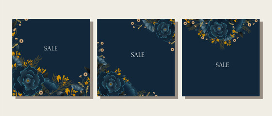 Fototapeta na wymiar Set of cards with beautiful blue flowers. Wedding cards. Cute postcards with flowers