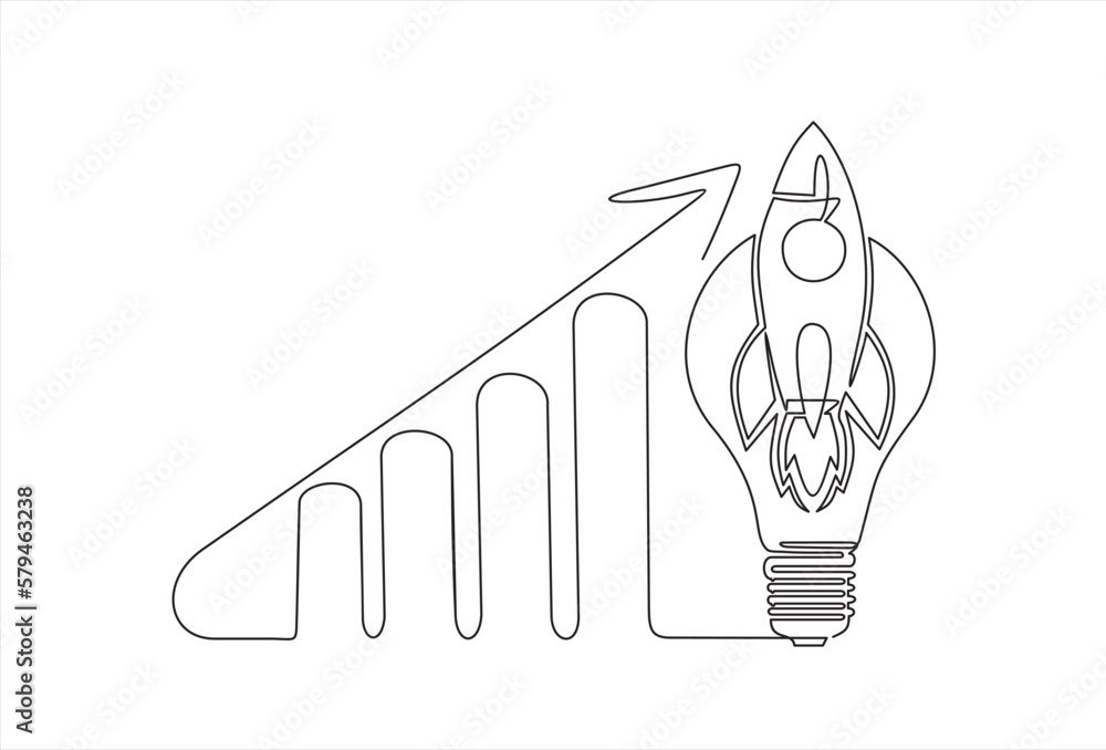 Aufkleber continuous line drawing of lights idea, rocket launch, ship and increasing up arrows bar graph.conti
