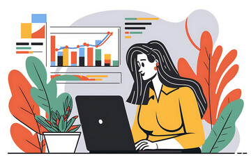 Flat vector illustration Happy data analysis or businesswoman on laptop for successful business meeting, investment strategy or corporate financial planning. Collaboration, smiles or teamwork when ana