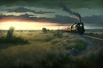 illustration, train ride across the plains at sunset, generative ai