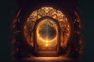 Fototapeta na wymiar Beautiful fantasy portals to unknown worlds in golden hues AI