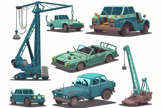 Opened used cars icons set. A junkyard is a site for scrapped cars. AI generated illustration.
