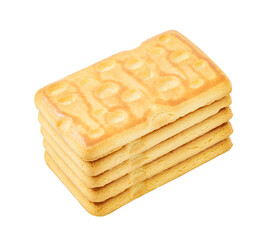 Rectangular sweet cookies five pieces stacked one on one, top view, isolated on white background with clipping path.