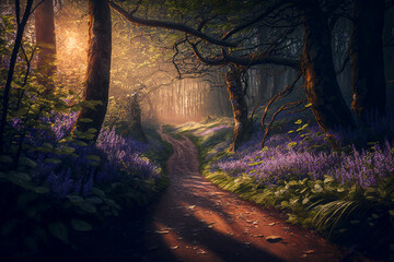Path though Bluebell Woods at Sunrise