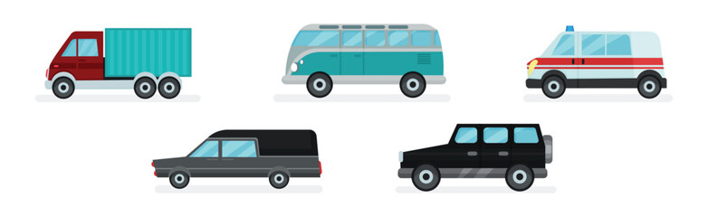 Van, Ambulance and Offroad Car as Wheeled Motor Vehicle Used for Transportation Vector Set