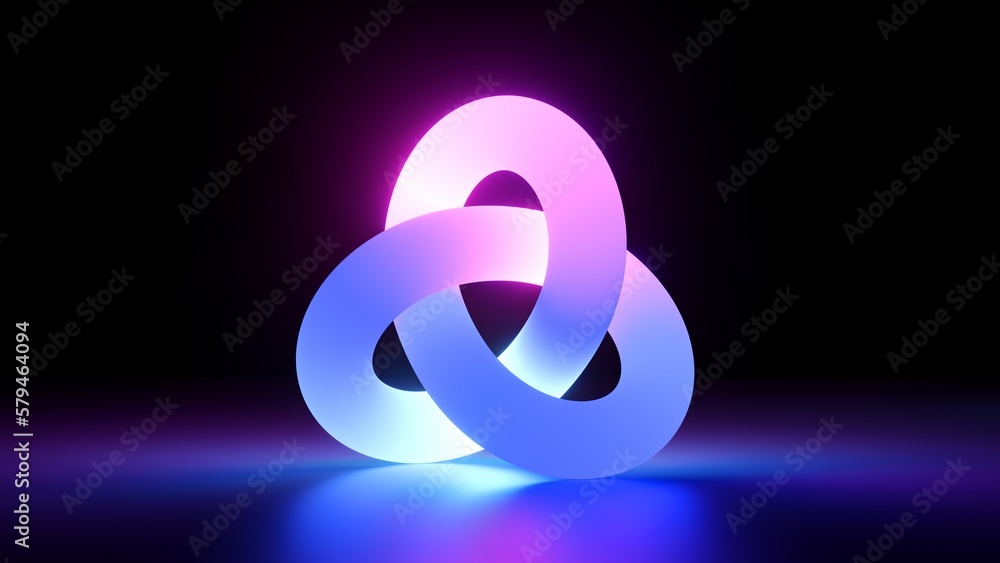 Poster 3d render, pink violet neon tangled geometric shape glowing in the dark. abstract minimalist backgro